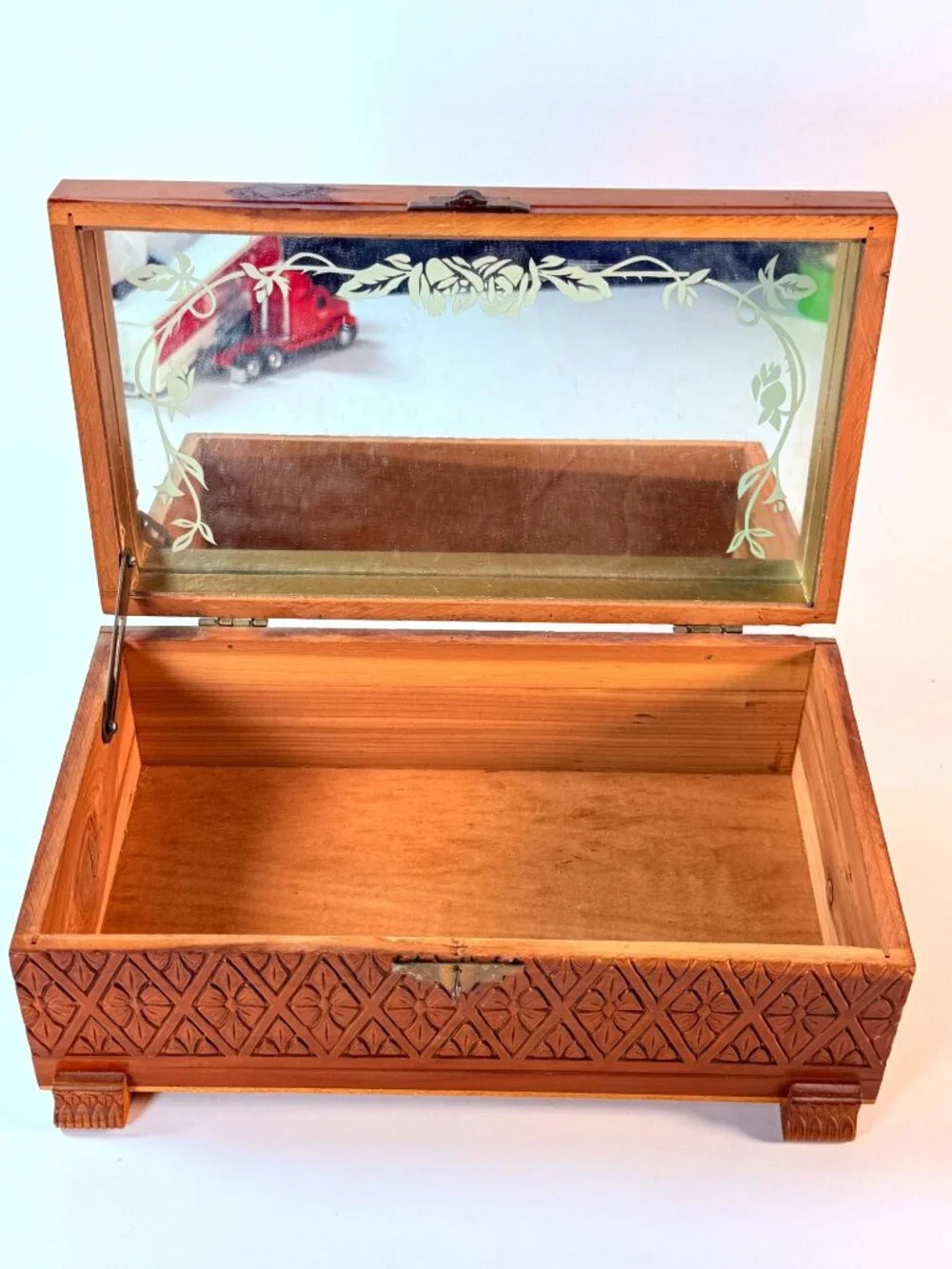 Vintage Wooden Keepsake Box w/ Mirror Floral Carved Jewelry Trinket Storage Box